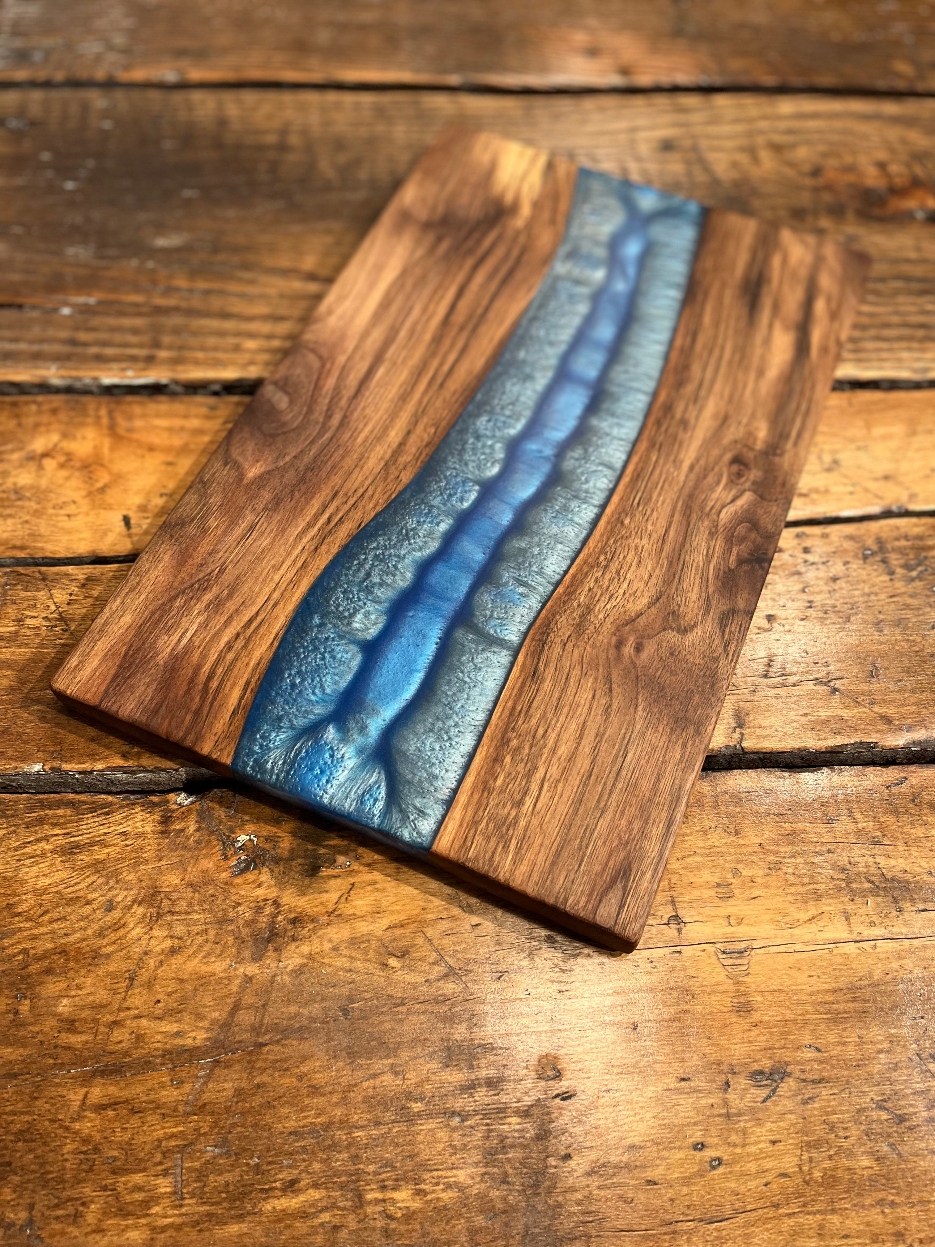 Walnut Charcuterie Board With Blue and Silver Epoxy